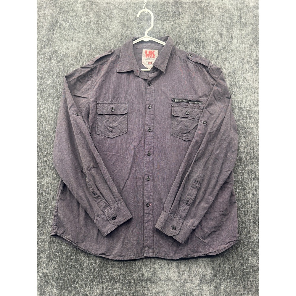 UK Style French Connection Shirt Mens XL Gray Cotton Roll Tab Sleeve Utility